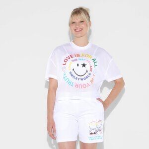 Pride Adult Smiley World Mesh 'Rainbow Graphic' Short Sleeve Cropped Top - White